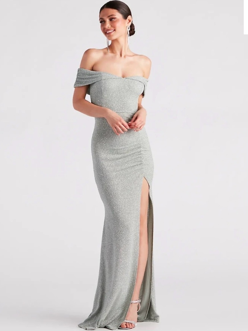 Windsor off the shoulder long green sparkly dress size Large